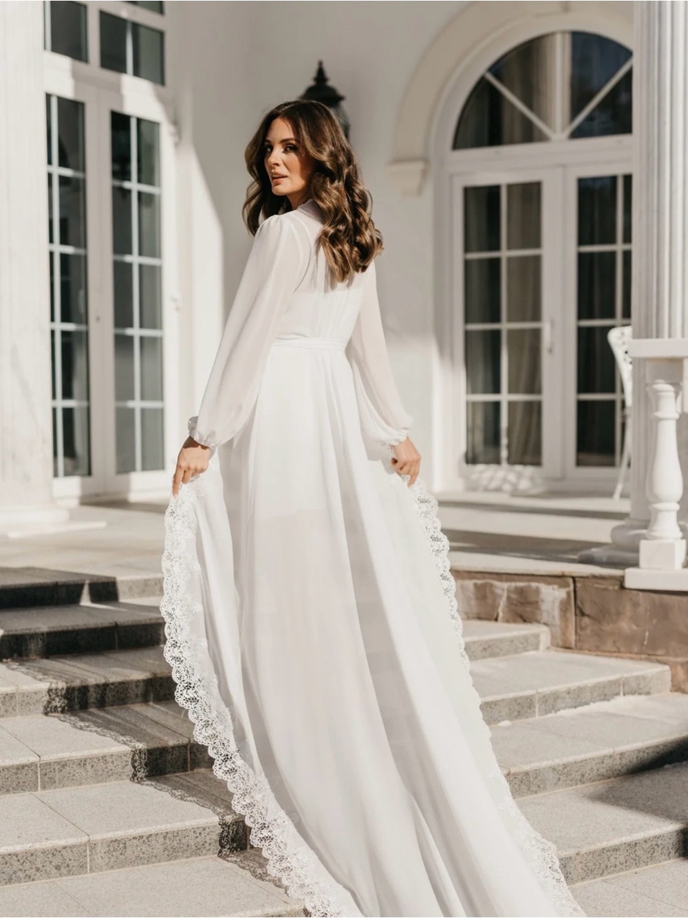 Elegant White Lace-Trim Bridal Robe